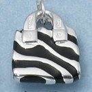ENAMEL BLACK ZEBRA STRIPE PURSE W/ CZ HANDLE CHARM
