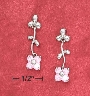 STERLING SILVER  MOVEABLE PINK ICE FLOWER POST DROP EARS (APPROX 1")