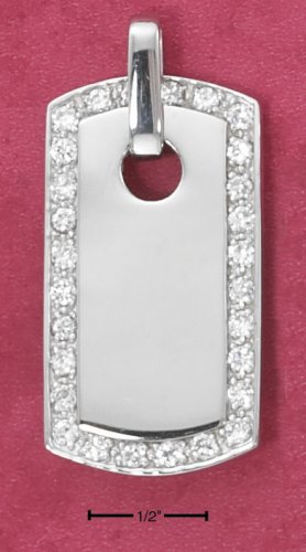 STERLING SILVER LARGE HI POLISH DOG TAG 18 IN PENDANT W/ CZ BORDER