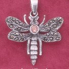 STERLING SILVER ANTIQUED MARCASITE DRAGONFLY PENDANT W/ PINK CZ