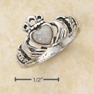 STERLING SILVER SMALL ANTIQUED CLADDAGH RING W/ WHITE OPAL HEART