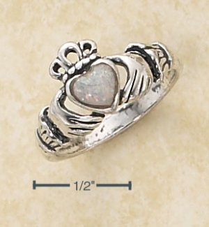 STERLING SILVER SMALL ANTIQUED CLADDAGH RING W/ WHITE OPAL HEART