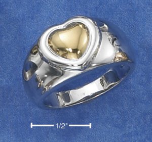 STERLING SILVER RING WITH 14K GOLD HEART ON 11MM HIGH POLISH TAPERED BAND .