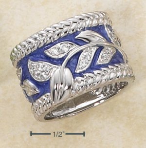 STERLING SILVER ENAMEL PERIWINKLE WIDE BAND WITH PAVE CZ FLORAL LEAF PATTERN RING.