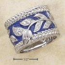 STERLING SILVER ENAMEL PERIWINKLE WIDE BAND WITH PAVE CZ FLORAL LEAF PATTERN RING.