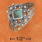 STERLING SILVER DIAMOND TURQUOISE W/ MARCASITE CHIPS SCROLL RING.  Weight: 5.4 grams.