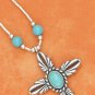STERLING SILVER 16"-18" ADJ LIQUID SILVER W/ TURQUOISE BEAD & CROSS DANGLE NECKLACE