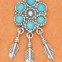 STERLING SILVER LARGE TURQUOISE FLOWER POST W/ SILVER FEATHERS DANGLE EARRINGS