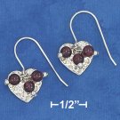 STERLING SILVER 13MM HAMMERED HEART EARRINGS  W/  GARNET DANGLE BEADS