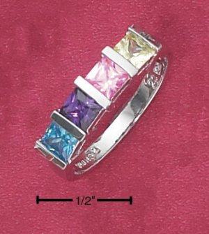 STERLING SILVER   TENSION SET RAINBOW PRINCESS CUT CZRING.