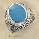 STERLING SILVER WIDE DOME W/ MULTIPLE TURQUOISE STONES IN FLORAL PATTERN RING.