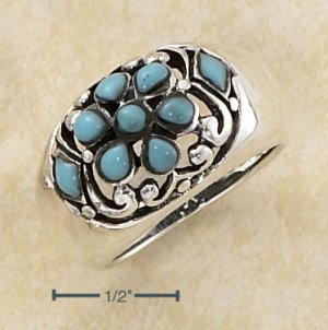 STERLING SILVER WIDE DOME W/ MULTIPLE TURQUOISE STONES IN FLORAL PATTERN RING.