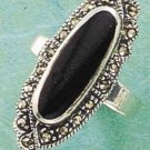 STERLING SILVER MARCASITE ELONGATE OVAL ONYX RING