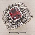 STERLING SILVER MARCASITE WIDE FILIGREE RING W/   LAB GARNET