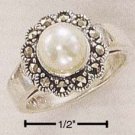 STERLING SILVER MARCASITE FLOWER WITH 7MM FAUX WHITE PEARL RING