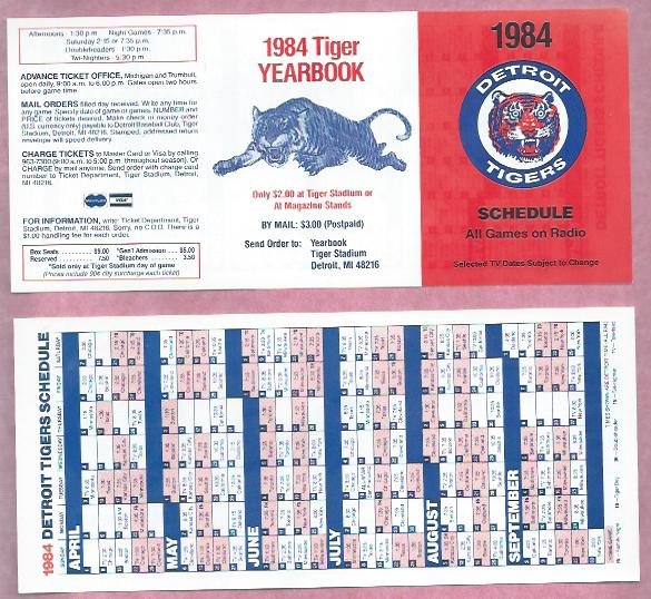 1984 Detroit Tigers Yearbook Pocket Schedule Unfolded World Series