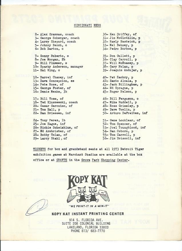 1973 Detroit Tigers Spring Training Guide & Scorebook Score Card