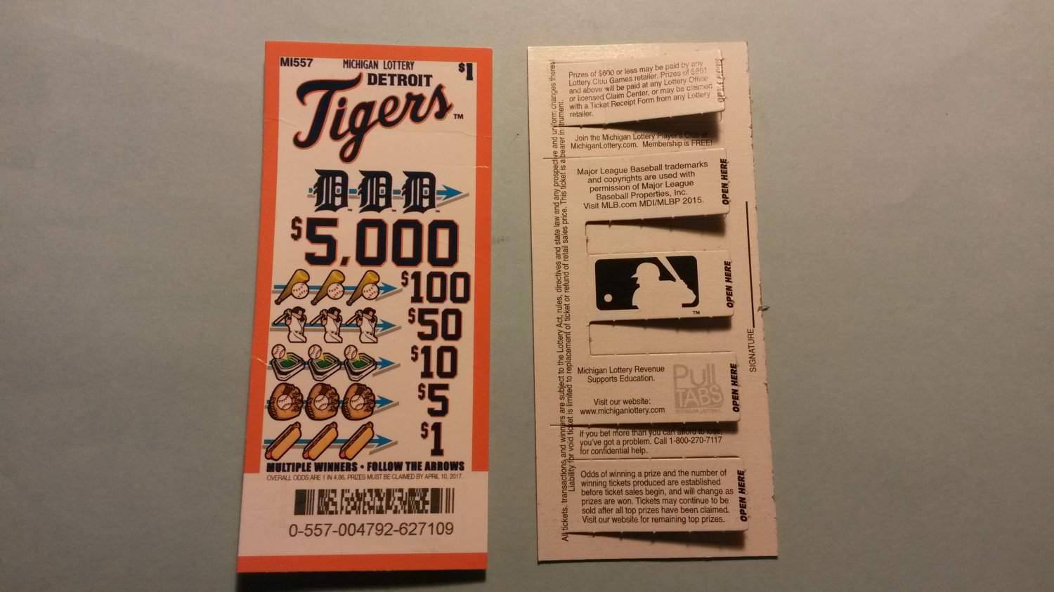 2015 Michigan Lottery Detroit Tigers Pull Tab Oddball Loser