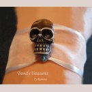 Skull Ribbon Bracelet, Brown on Sheer White,Goth Biker Style, Ramona Beasley