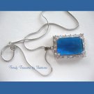 Blue Faceted Crystal Pendant,Prom, Sterling Silver Chain, Rhinestones