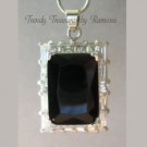 Black Faceted Crystal Pendant,Prom,Sterling Silver Chain, Rhinestones