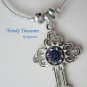 Vintage Cross Pendant Necklace, Blue Rhinestones, Matching Earrings, Set
