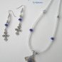 Vintage Cross Pendant Necklace, Blue Rhinestones, Matching Earrings, Set