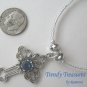 Vintage Cross Pendant Necklace, Blue Rhinestones, Matching Earrings, Set