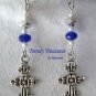 Vintage Cross Pendant Necklace, Blue Rhinestones, Matching Earrings, Set