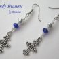 Vintage Cross Pendant Necklace, Blue Rhinestones, Matching Earrings, Set