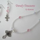 Vintage Cross Pendant Necklace, Pink Rhinestones, Matching Earrings, Set