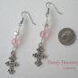 Vintage Cross Pendant Necklace, Pink Rhinestones, Matching Earrings, Set
