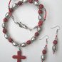 Red Gemstone Cross Beaded Necklace Red Silver, Free Matching Earrings