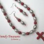 Red Gemstone Cross Beaded Necklace Red Silver, Free Matching Earrings