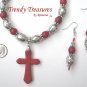 Red Gemstone Cross Beaded Necklace Red Silver, Free Matching Earrings