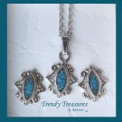 Oval Blue Mother of Pearl Earrings & Necklace Set, Scroll Edging, Rare, Vintage Jewelry