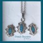 Oval Blue Mother of Pearl Earrings & Necklace Set, Scroll Edging, Rare, Vintage Jewelry