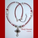 Vintage Cross Pendant Necklace, Red Rhinestones, Original Design, Ramona Beasley