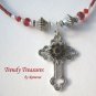 Vintage Cross Pendant Necklace, Red Rhinestones, Original Design, Ramona Beasley