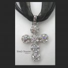 Clear Rhinestone Cross Pendant Necklace, Clear Swarovski Rhinestones, Black Ribbon