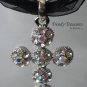 Clear Rhinestone Cross Pendant Necklace, Clear Swarovski Rhinestones, Black Ribbon