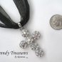 Clear Rhinestone Cross Pendant Necklace, Clear Swarovski Rhinestones, Black Ribbon