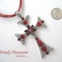 Red Rhinestone Cross Pendant Necklace, Red Rhinestones, Red Cords