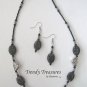 Black Polished Jasper Ovals Necklace,Pewter Chunks,Free Earrings,#TrendyTreasuresByRamona