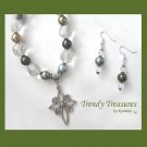 Silver Scroll Cross,Glass Pearls,Crystals Necklace,Free Earrings,#TrendyTreasuresByRamona