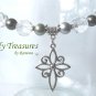 Silver Scroll Cross,Glass Pearls,Crystals Necklace,Free Earrings,#TrendyTreasuresByRamona