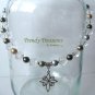 Silver Scroll Cross,Glass Pearls,Crystals Necklace,Free Earrings,#TrendyTreasuresByRamona