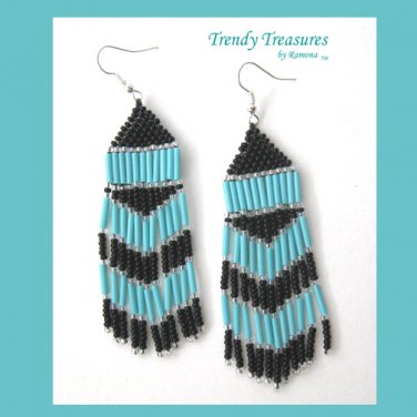 Black, Turquoise, Beaded Dangle Earrings, Hand Woven, #TrendyTreasuresByRamona