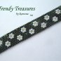 Green Iris Metallic with White Flowers Glass Woven Bracelet,Original Design,#TrendyTreasuresByRamona