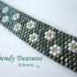Green Iris Metallic with White Flowers Glass Woven Bracelet,Original Design,#TrendyTreasuresByRamona
